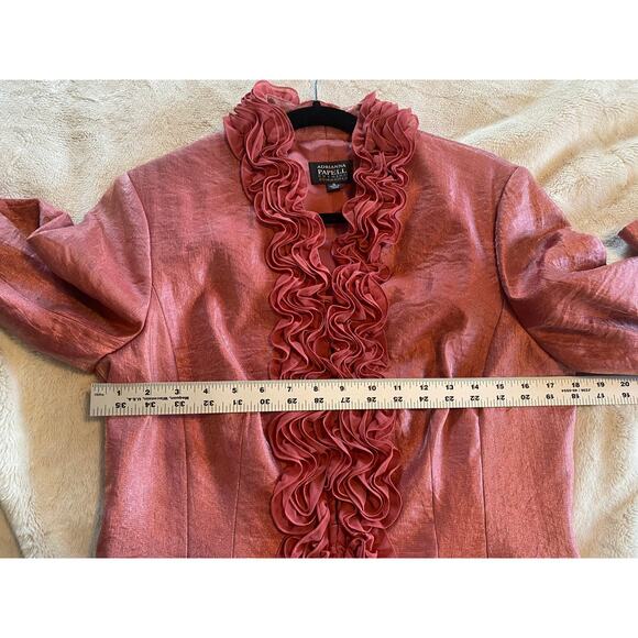 VINTAGE ADRIANNA PAPELL JACKET 12 FRILLY FEMININE RUFFLE IRIDESCENT PINK BLAZER - Picture 15 of 15